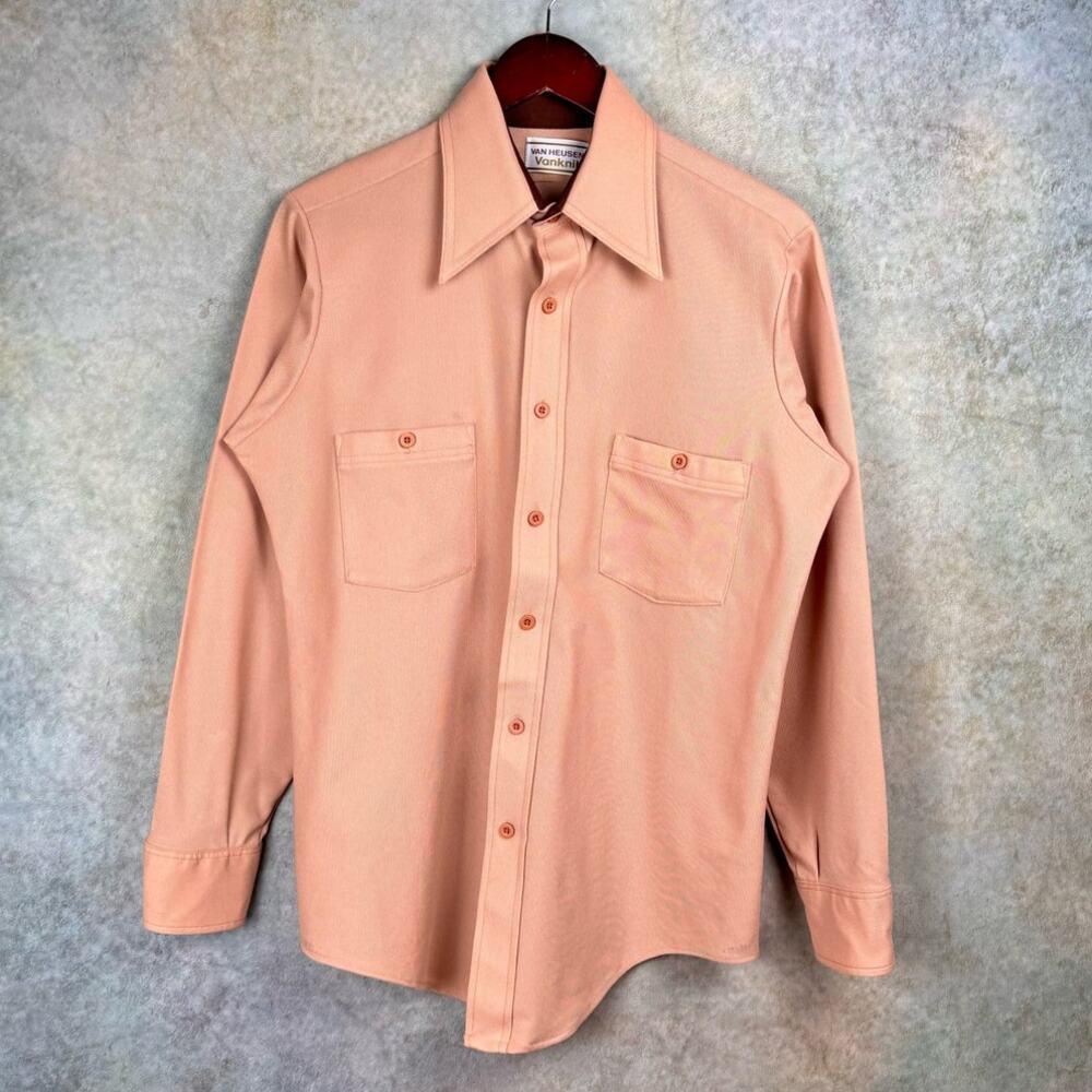VTG 80s Van Heusen Button Up Shirt Sz L Tan VanKnit Plain Army Military